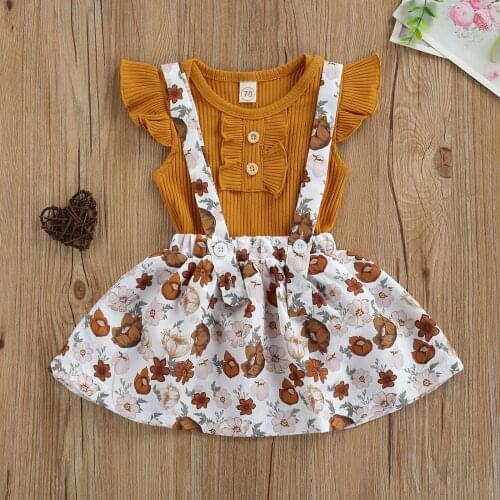 2PCS Summer Newborn Baby Girls Clothes Fashion Fly Sleeve Knitted Romper Top +Floral Suspender Skirt Set for 0-24M Baby