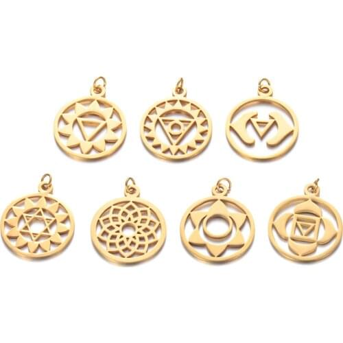 7pcs Titanium Stainless Steel Kundalini Sahasrara Crown Throat Solar Plexus Anja Third Eye Heart Sacral Root Yoga Chakra Pendant