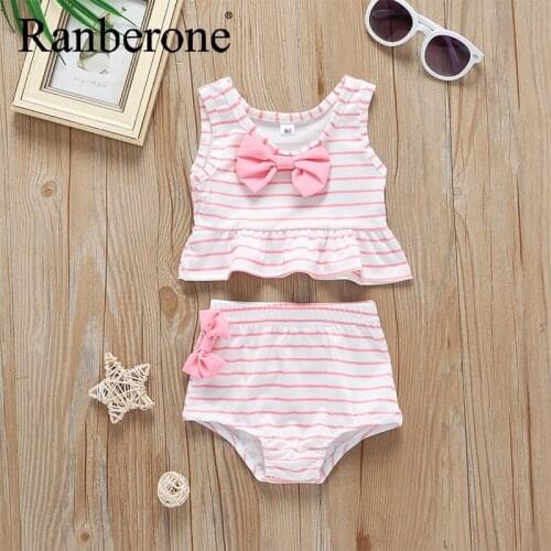 Ranberone Two Piece Bathing Suit Children Swimwear Girls Kids Baby Girl Bow Swimsuit Striped Bathing Suit Bikini 2pc Summer Set