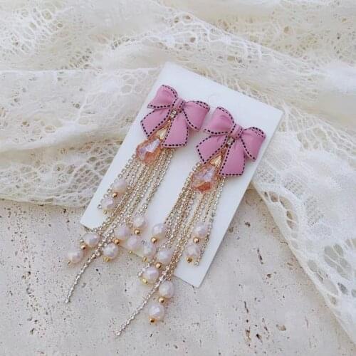 Fashion New Korean Sweet Pink Bowknot Long Drop Earrings for Women Holiday Party Jewelry Tassel Earings Women