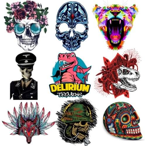 Punk Rose Skull Patches Applique Iron on Heat Transfers DIY Colorful Skeleton Iron-on Transfers For Clothing Stickers T shirt