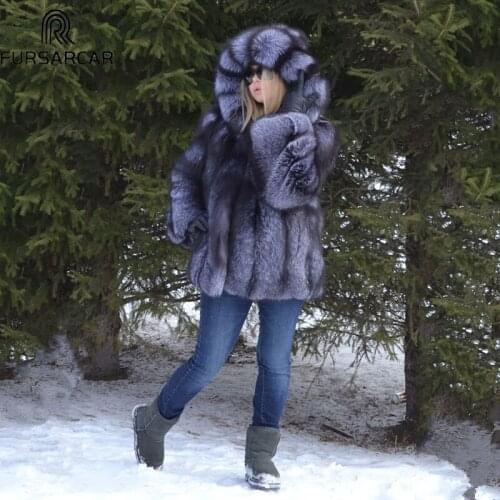 FURSARCAR 2021 New Fashion Genuine Natural Silver Fox Fur Coat With Big Hood Female Trendy Luxurious Winter Outerwear Jacket