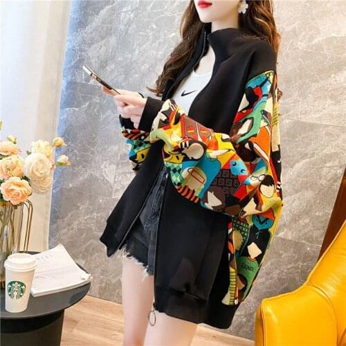 New 2021 Autumn Women Streetwear Cute Cartoon Printed Black Cardigans Winter Jacket Outwear Female Stand Collar Loose Fun Coats