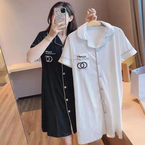 2021 New Spring Sleepwear Sexy Sweet Womens Pajamas Turn-Down Collar Short Sleeve Summer Mini Night Dress Medium Length Shirt