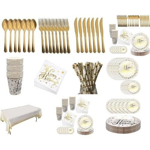 Disposable Dinnerware Gold Party Supplies Set Paper Plates Napkins Straw Cups Forks Knives-Bronzing Tableware Kit for Birthdays