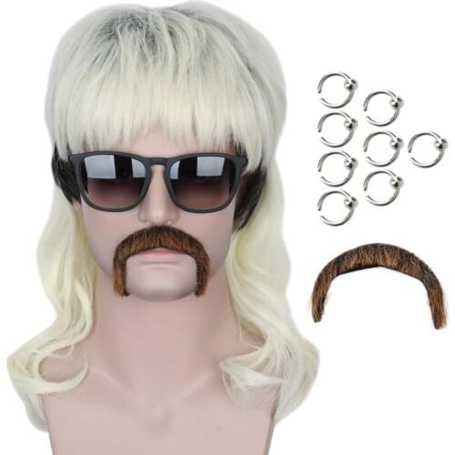 Role Play Tiger King Joe Exotic Short Platinum Hair with Beard Rings Hallowee Costume Cosplay Wigs