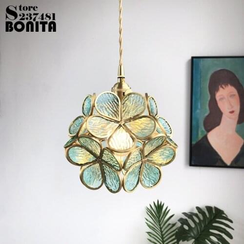 Handmade brass glass hanging lights Flower ball Pendant light Petal stitching luxury pendant lamp pure copper with switch