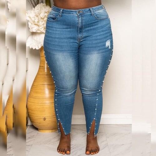 Plus Size Women Jeans Pants High Waist Beading 2021 Blue Solid Skinny 4XL 5XL Large Denim Pencil Pants Trousers Summer Clothes