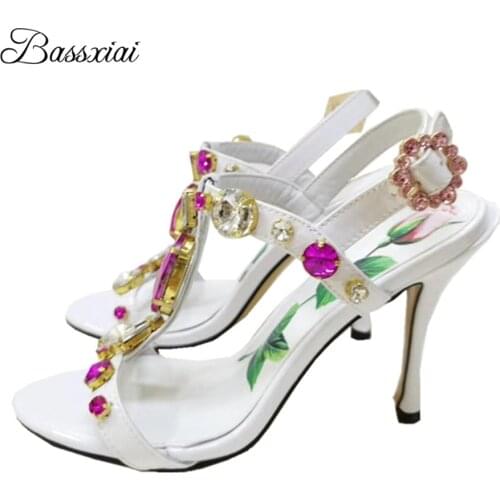 Diamond T-Strap Banquet Shoes Woman 10cm Thin High Heel Real Leather Print Flower Rhinestone Summer Sandals Women