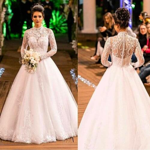 SuperKimJo Lace Applique Wedding Dresses for Bride 2020 Robe De Mariee Long Sleeve Elegant Cheap Bridal Dress Vestido De Novia