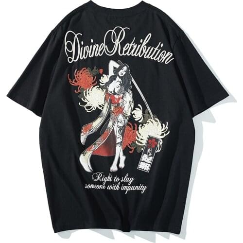 Japan Ukiyo Tattoo T-Shirt Men Casual Beauty Samurai Sword Flower Print Cotton Short Sleeve T shirts Motorcycle Tops Tees Shirt