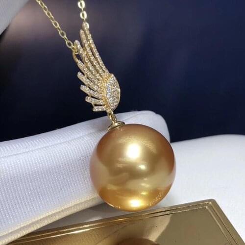 Fine Jewelry 18K Yellow Gold Natural Ocean Golden Pearl 14-15mm Pendant Necklaces for Women FIne Pearls Pendants