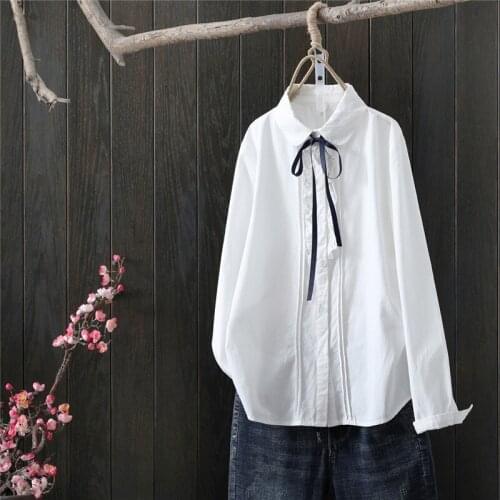 Sweet Style Cotton 100% White Women Shirts Summer New 2021 Bow Neck Long-Sleeved Loose Elegant Office Lady Outwear Coats Tops