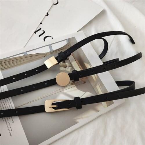 Women Simple Black Thin Waist Belt Korean Fashion Casual All-Match Pants Belt Metal Pin Buckle Waistband Adjustable Leather Belt