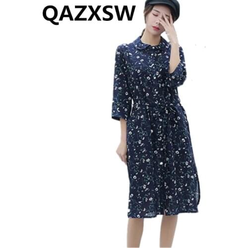2019 New Spring Dress Autumn Loose Large Size Fashion Casual Print Cotton Linen Floral Long Sleeve Lady Women Dresses ZW011