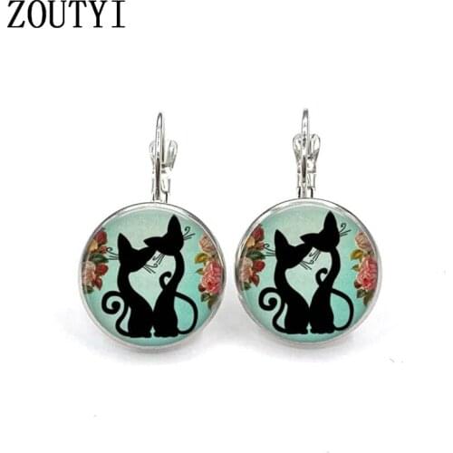 2019/new fashion two kitten earrings, convex glass inlay earrings, ladies wear earrings jewelry gifts