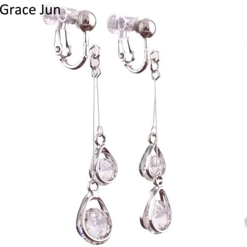 Grace Jun Korea Style CZ Double Water Drop Shape Clip on Earrings Non Piercing for Women Party Wedding Charm Jewelry Bijouterie
