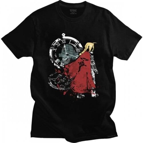 Fullmetal Alchemist T Shirt for Men Pre-shrunk Cotton T-shirt Short Sleeves Elric Edward Brotherhood Anime Fma Manga Tee Tops