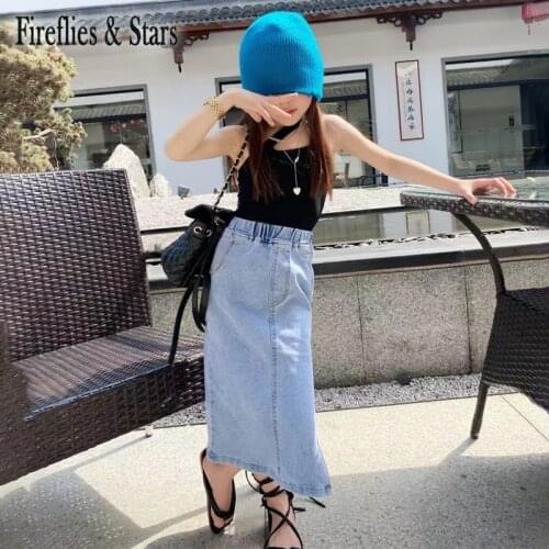 Summer Spring Denim Girls Skirt Baby Long Skirt Kids Skirt Children Bottoms For Teens Fashion Washed Side Slit 4 To 14 Yrs