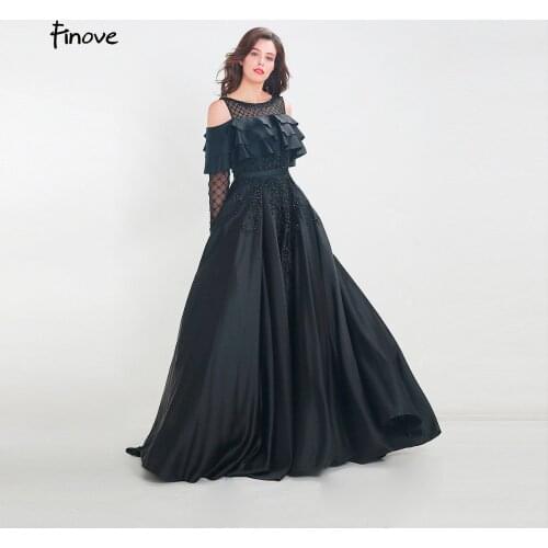 Finove 2020 New Evening Dress Long Vintage Black Chic Ruffles Fully Beaded A Line Floor Length Woman Dress Halloween Party Gown