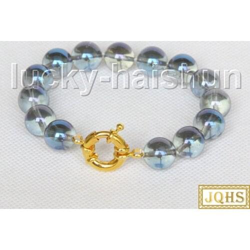 JQHS natural 8" 12mm round light blue crystal Beaded Strand knotted bracelet j11568