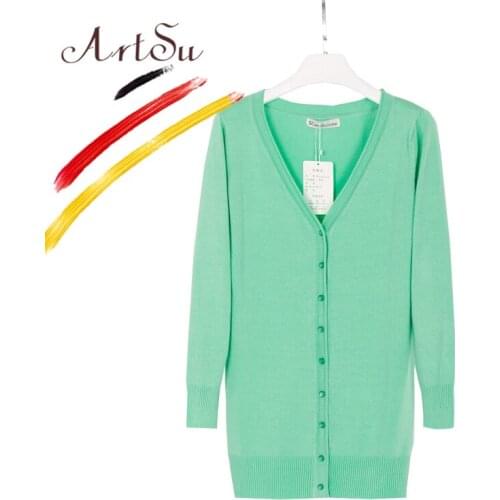 ArtSu Women Long Cardigan Casual V-Neck Loose Knitted Top Sweater Solid Long Sleeve Fleece Cardigans Open Stitch Mujer ASSW20080
