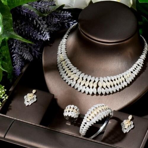 HIBRIDE Luxury Geometric 4pcs Cubic Zirconia Necklace and Earring Set 3 Tones Baguette Wedding Jewelry Sets for Women N-1788