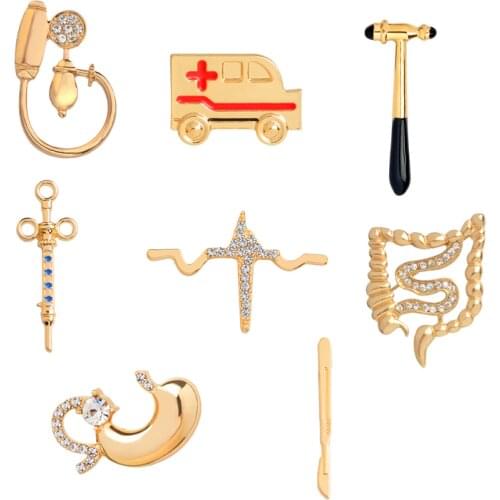 Medical Jewelry Heartbeat Scalpel Reflex Hammer Syringe Blood Pressure Meter Ambulance Stomach Intestines Brooch Pins Badges
