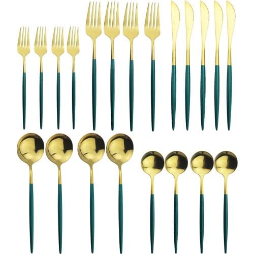 Hot Wholesale Dropshiping 20pcs Dinnerware 18/10 Stainless Steel Green Gold Vintage Cutlery Fork Spoon Knife Dining set