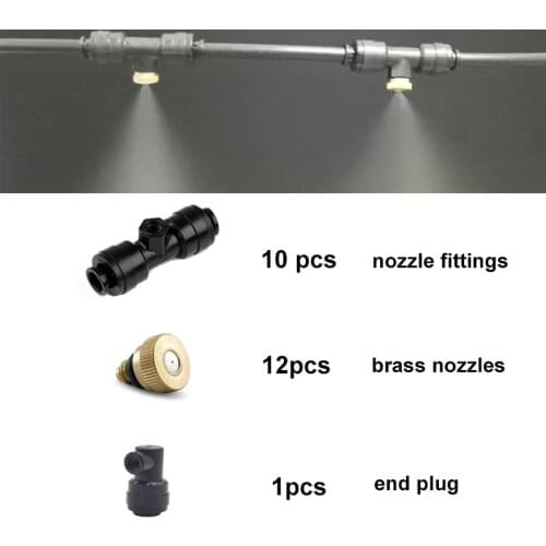 DIY Misting Kit 12pcs Brass Nozzles Kits 10pcs Nozzle Black Holder 1pcs End Plug for Misting Cooling System