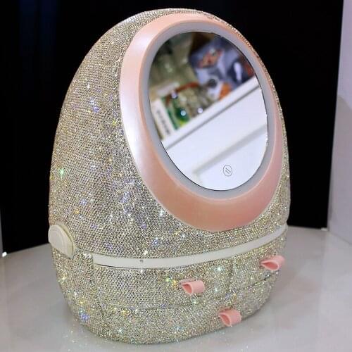 Rhinestones Egg Shape LED Light Organizer HD Mirror Makeup Creative Cosmetic Desktop Beauty Dust-proof Drawer Type Storage Box