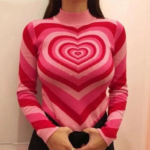 Love Striped Sweater Color Matching Rainbow Retro High-neck Slim Pullover Womens Autumn Y2K Pink Heart-shaped Knitted Sweater