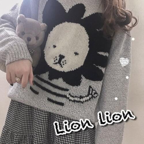 Lion Winter Womens Knittd Sweater Warm O-neck Long Sleeve Pullovers Sweet Cute Color Grey Loose