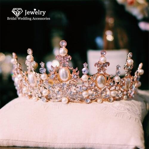 CC Tiaras and Crowns Hairband Large Crown Wedding Hair Accessories for Women Bride Jewelry Party Gift Pearl Hairwear Fine HG1271
