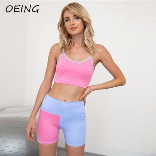 Two Piece Biker Shorts Yoga Set for Women Workout Clothes Patchwork High Waist Gym Suits