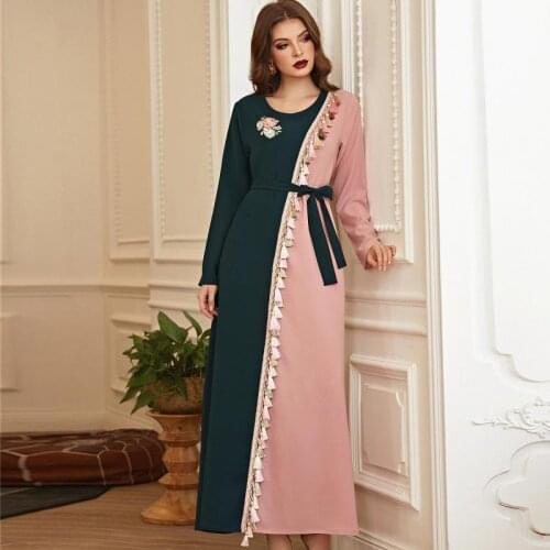 Beautiful Retro Green Powder Hit Color Tassels Handmade Flowers Rhinestones Long-sleeved Muslim Long Skirt Womens Clothing Robe