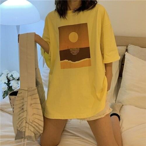 Summer new style sunset print loose short-sleeved T-shirt womens wild thin casual round neck top T-shirt