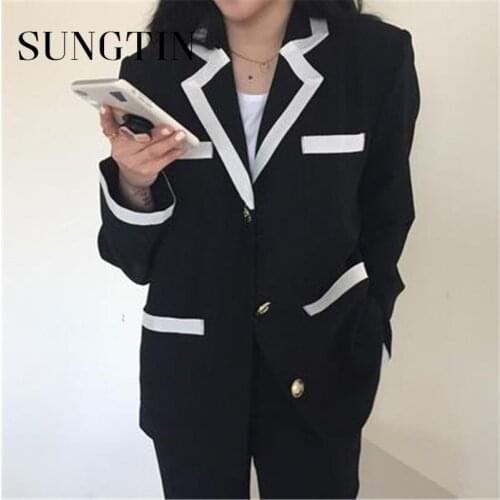 Sungtin Korean Color Block Stylish Office Lady Blazer Women Spring 2021 Vintage Elegant Female White Black Blazer Jacket OL New