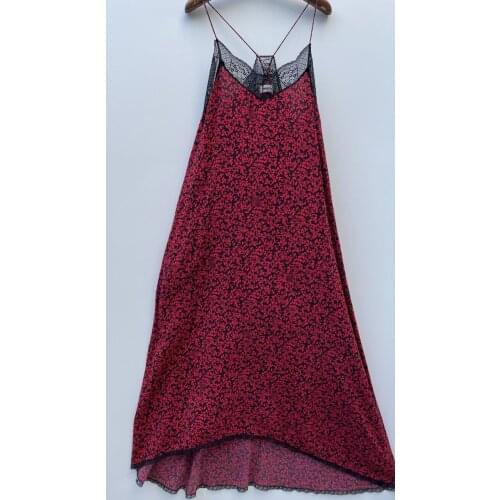 100% Viscose Sling Midi Dress for Women Lace Trim Red Leopard Printed Sleeveless Mid Calf Sexy Lady Irregular Vintage Long Robe