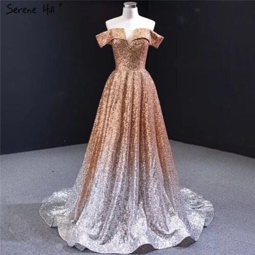 Gold White Off Shoulder Sexy Evening Dresses Sleeveless Sequins Sparkle Evening Gowns 2021 Serene Hill HM66992