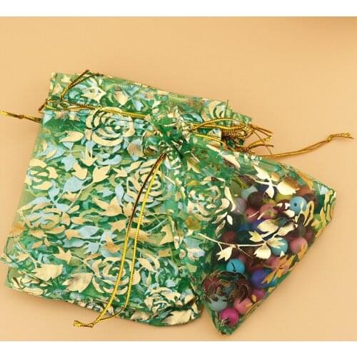 100pcs 11x16cm Green Rose Organza Bags Small Wedding Gift Bag Cute Drawable Charms Candy Jewelry Packaging Bag Pouches