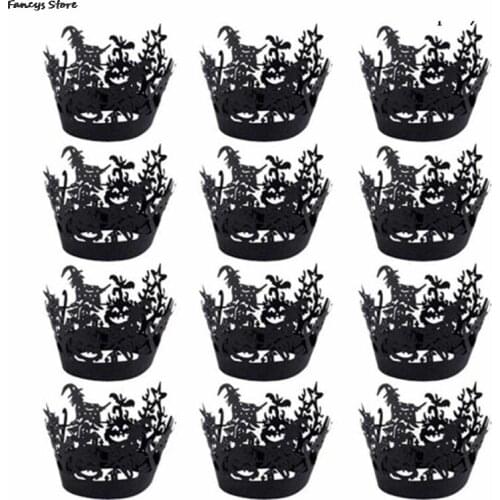 12Pcs Halloween Decoration Cupcake Wrapper Hollow Out Cup Muffins Horror Pumpkin Witch Bat Cake Toppers For Home Party Cake Deco