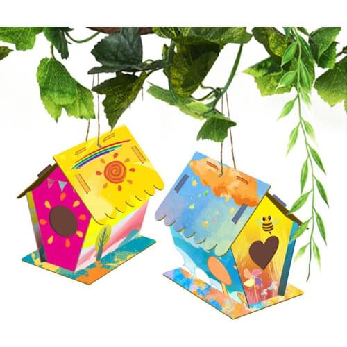 2pcs DIY Bird House Kit Crafts For Kids DIY Wooden Nesting Box Kids Painting Toy DIY Birds House Kit With Paint And Pen For Kids