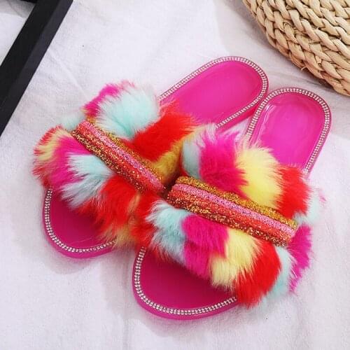 2021 Flat Plush Slippers Women Sandals Outdoor Summer Rhinestone Slippers Multicolour Faux Fur Woman Shoes Plus Size 42