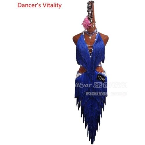 2021 Women Girls Latin Dance Competition Performance Clothing Performance Dance Skirt Encouraged Treasure Blue fringed Skirt