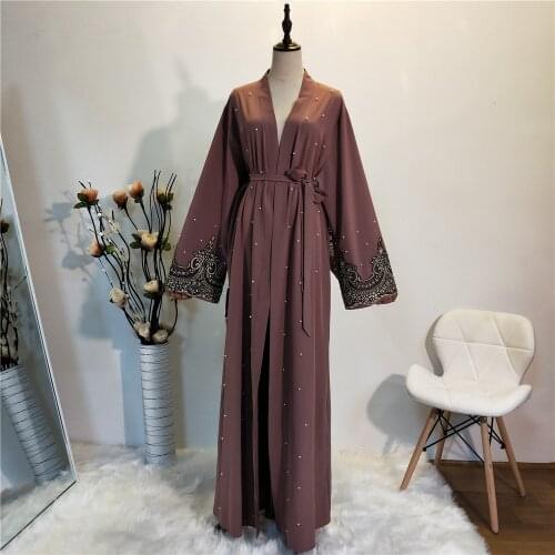 Abaya Turkish Islamic Clothing Muslim For Women Maxi Robe Middle East Ramadan Lace With Pearls Design Abaya Dubai Kimono