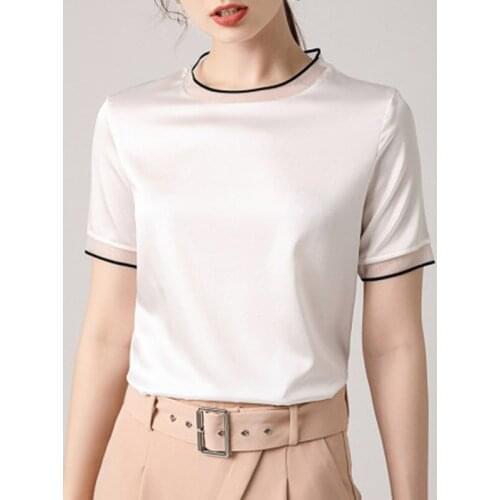 Stylish Natural Silk Shirt Blouse Female Ladies Summer Short Sleeve Tops Elegant Soft Black White Women Real Silk Tops T shirt