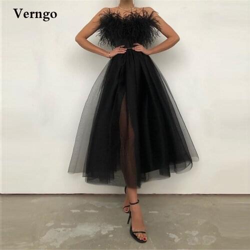 Verngo 2021 Black Evening Party Dresses With Feather Tulle A Line Prom Gowns Spaghetti Straps Side Slit Formal Party Dresses