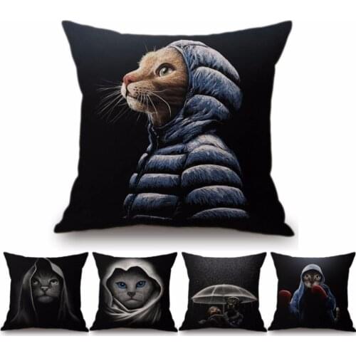 Black Color Cushion Cover For Sofa Cool Cat in Hoodie Boxing Animal Car Pillow Cotton Linen Mr Meow Pillow Cover Home Decoration