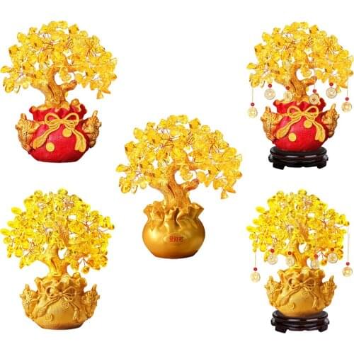 Feng Shui Citrine Crystal Money Tree in Pocket Statue for Home Office Decor